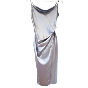 re:named Bodycon Midi Dress S Silver Cowl Neck Spaghetti Strap Ruched Slit Thigh